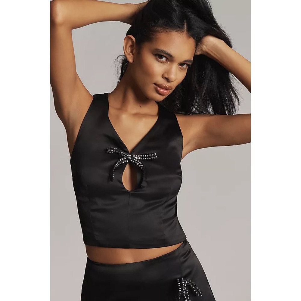 Maeve Anthropologie Bow Keyhole Satin Tank Top Black Rhinestone Size M NWT